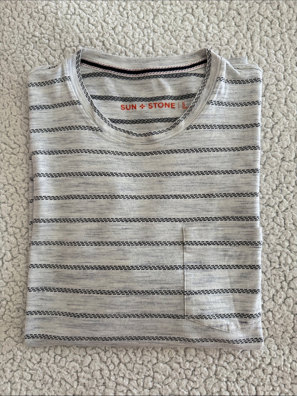Sun + Stone Light Gray Striped Short Sleeve Pocket Tee